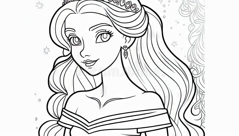 Princess coloring page for adults simple cute generative art stock illustration