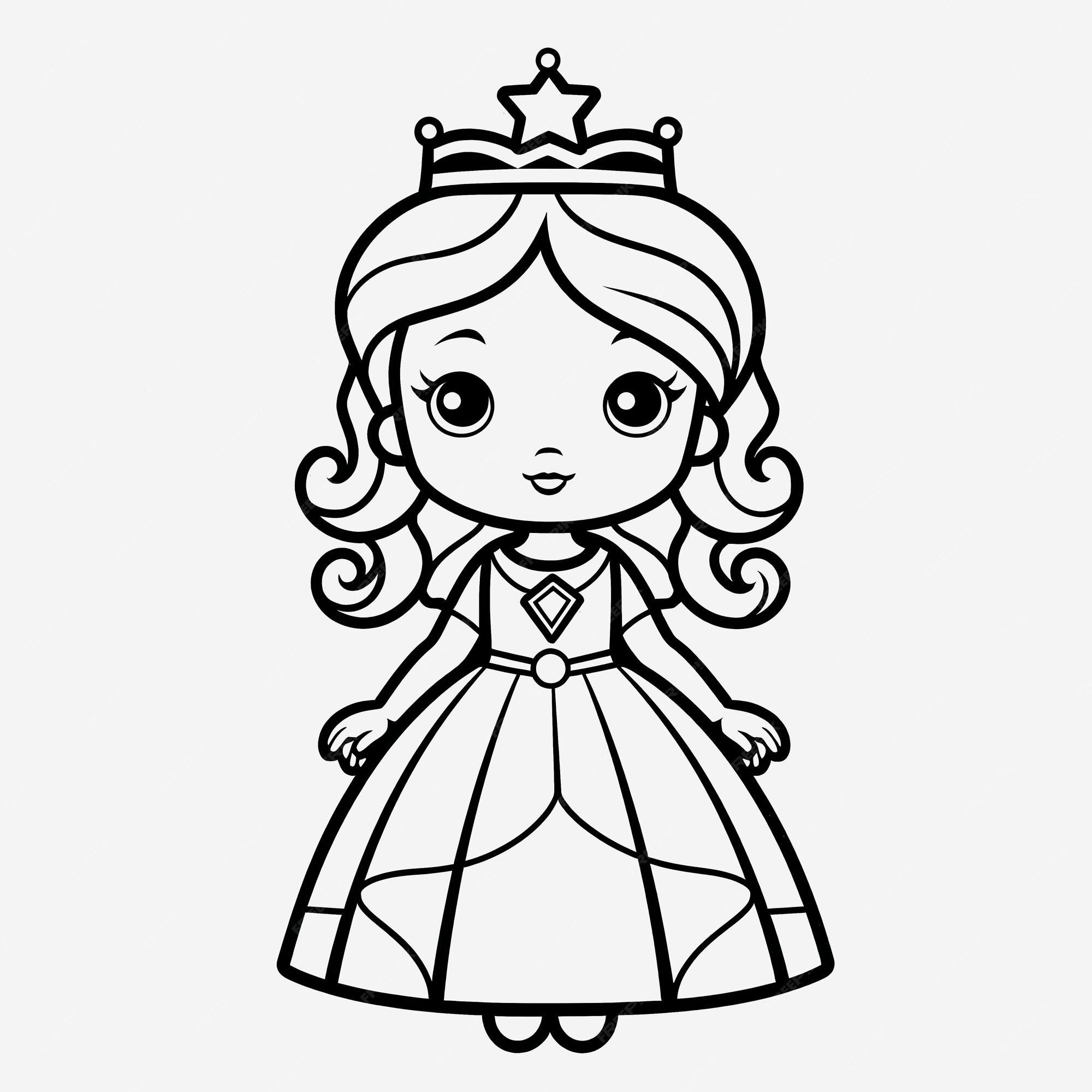 Premium photo black and white princess illustration minimalistic coloring page for kids with simple shapes