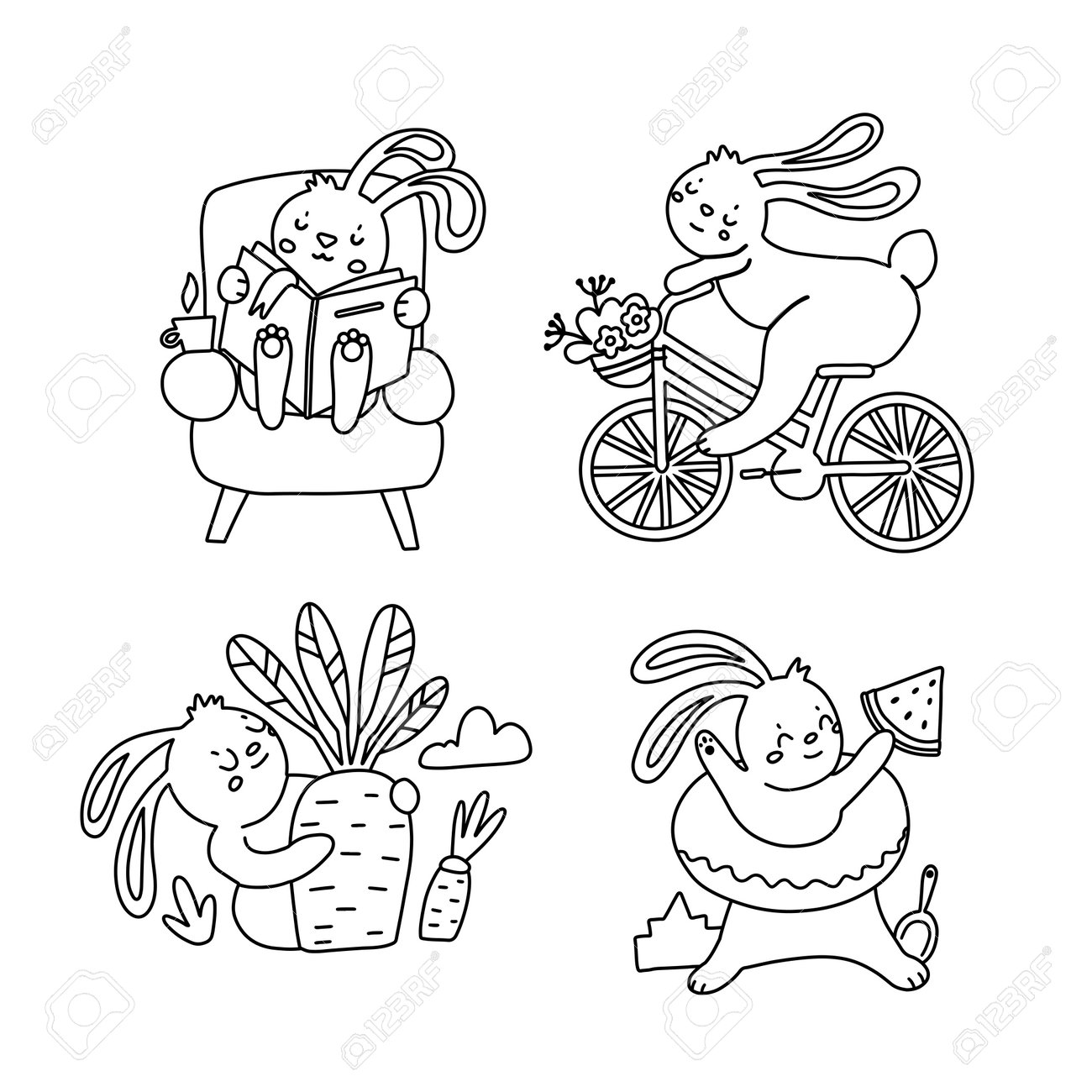 A set of simple coloring pages for children with a cute rabbits reading book riding bicycle harvesting carrot and summer relaxing linear vector isolated illustration on a white for calendar royalty