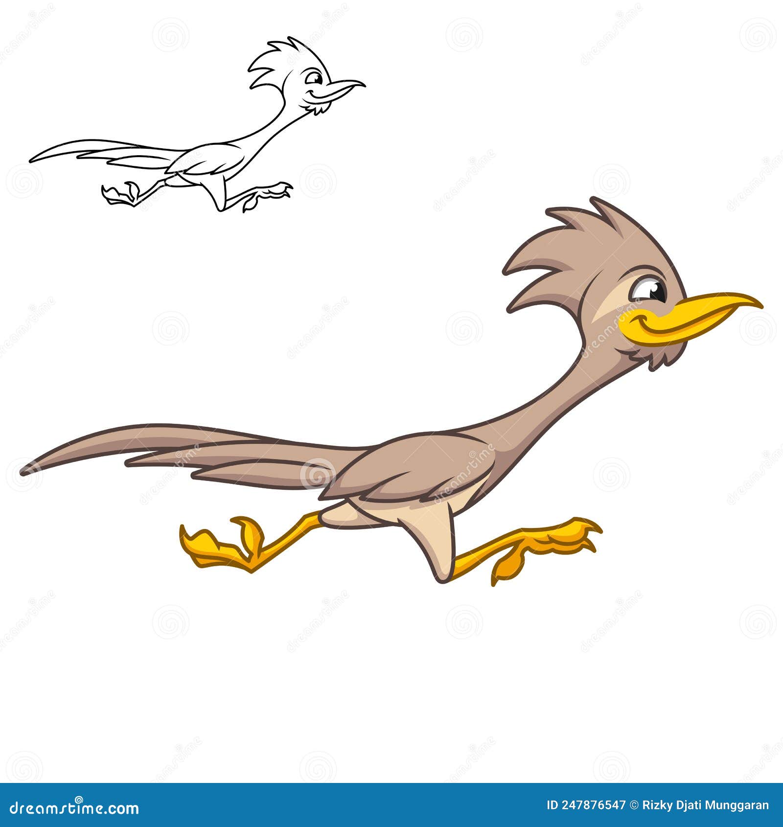 Cute happy roadrunner bird running fast with black and white line art drawing stock vector