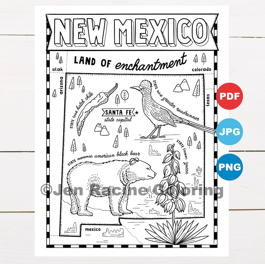New mexico coloring page united states state map wildlife state symbols flowers coloring pages instant download