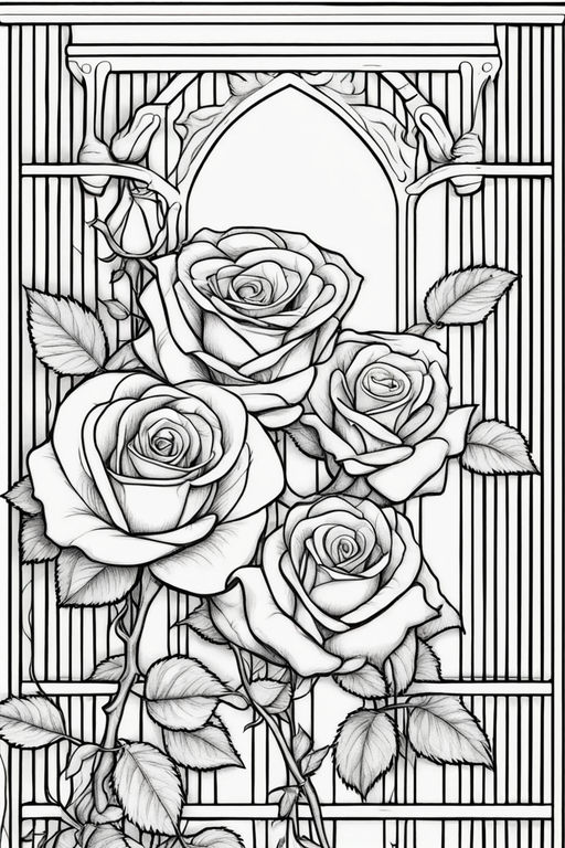Flower rose black white line drawing coloring book simple crisp lines white background color by number
