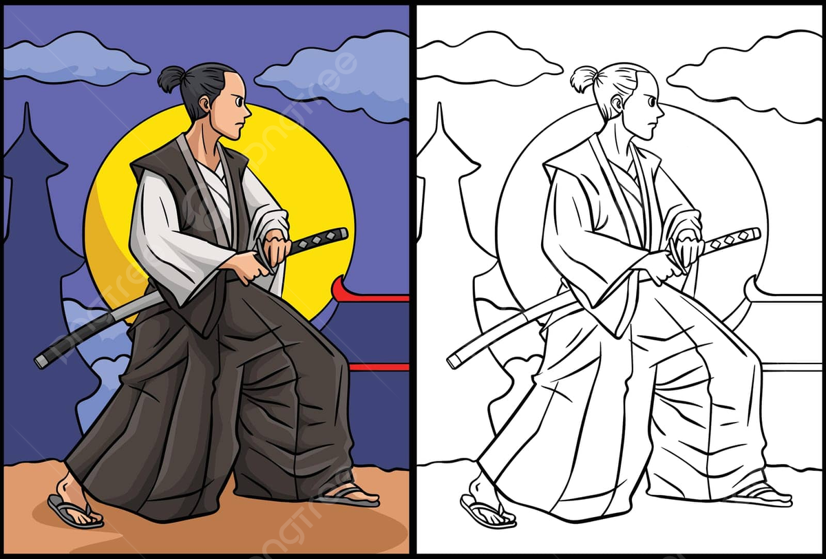 Samurai coloring page colored illustration cartoon picture page vector cartoon picture page png and vector with transparent background for free download