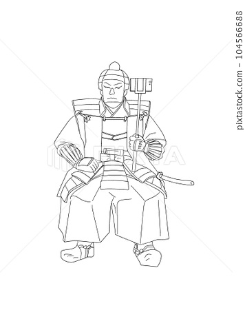 A line drawing illustration of a samurai a
