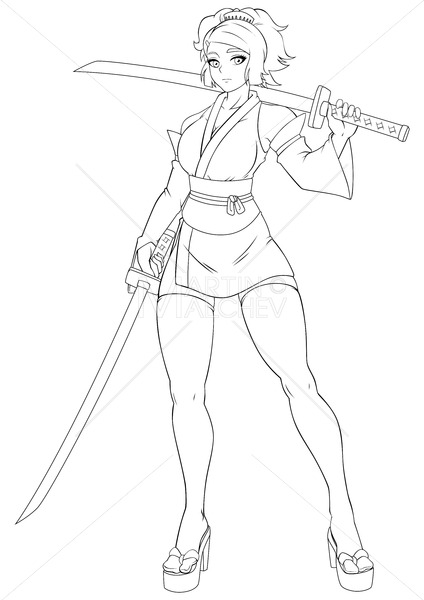 Manga samurai female line art