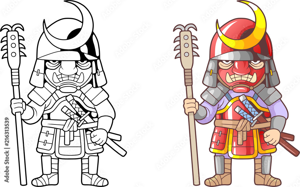 Cartoon warrior samurai funny illustration coloring book vector