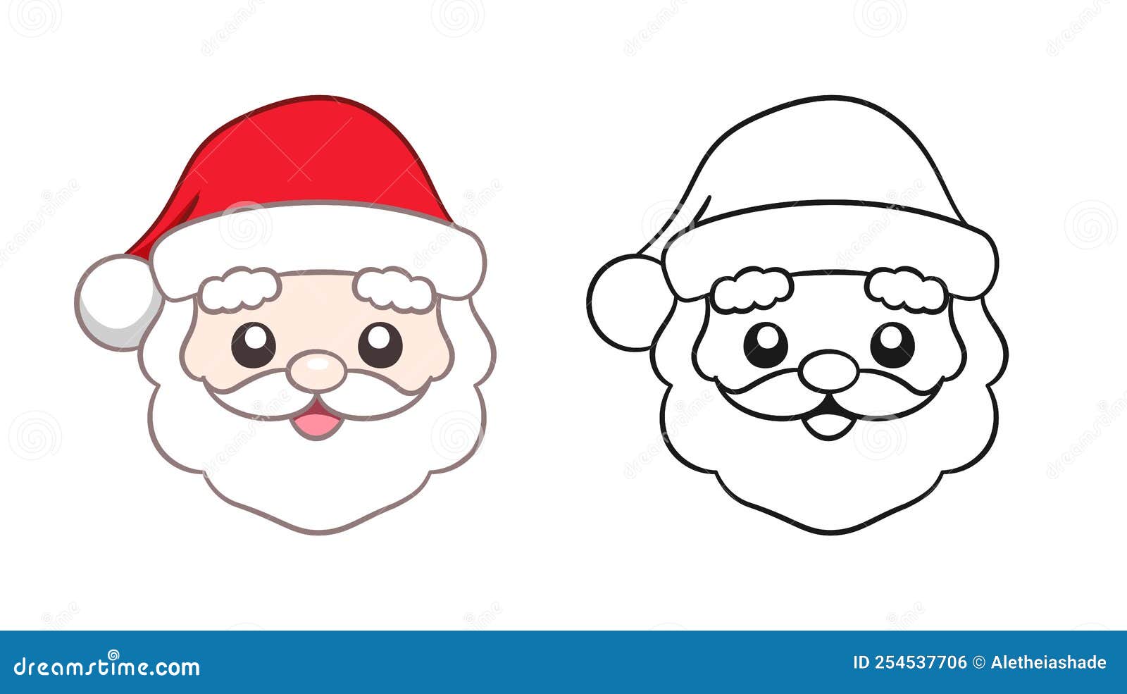 Happy santa claus head cartoon illustration front view colored and outline set stock vector
