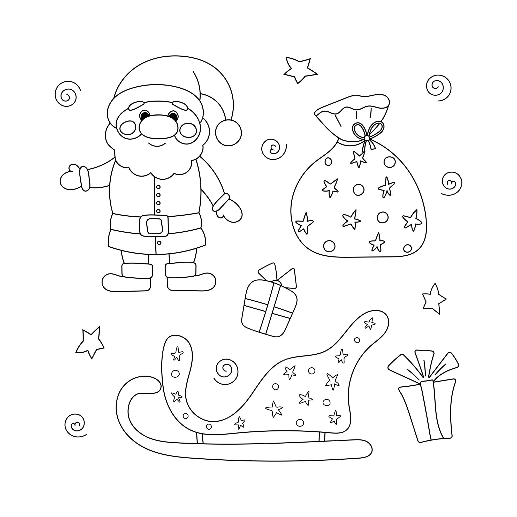 Premium vector coloring page outline of santa claus with gifts bag and christmas sledge new year christmas