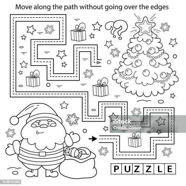 Handwriting practice sheet simple educational game or maze coloring page outline of cartoon santa claus with