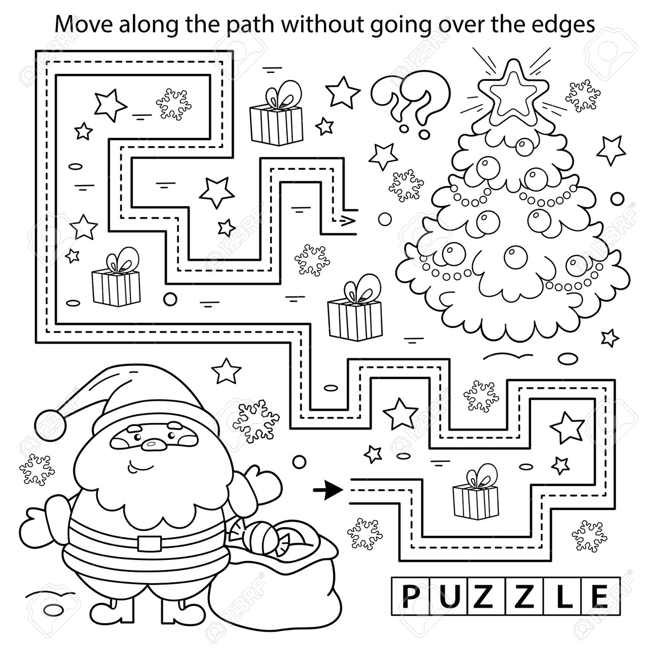 Handwriting practice sheet simple educational game or maze coloring page outline of cartoon santa claus with gifts bag and christmas tree new year christmas coloring book for kids royalty free svg cliparts