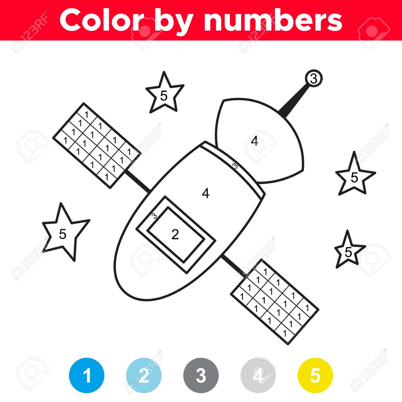 Color by number for preschool and school kids coloring page or book with satellite space theme vector illustration royalty free svg cliparts vectors and stock illustration image