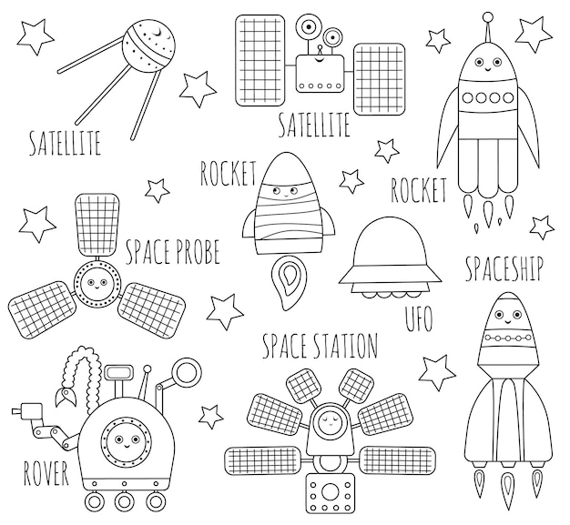 Premium vector vector black and white space technics set for children outline illustration of spaceship rocket satellite space station rover astronomy kawaii coloring page for kidsxa
