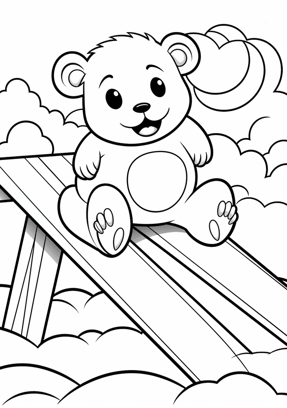Cartoon bear sliding on rainbow