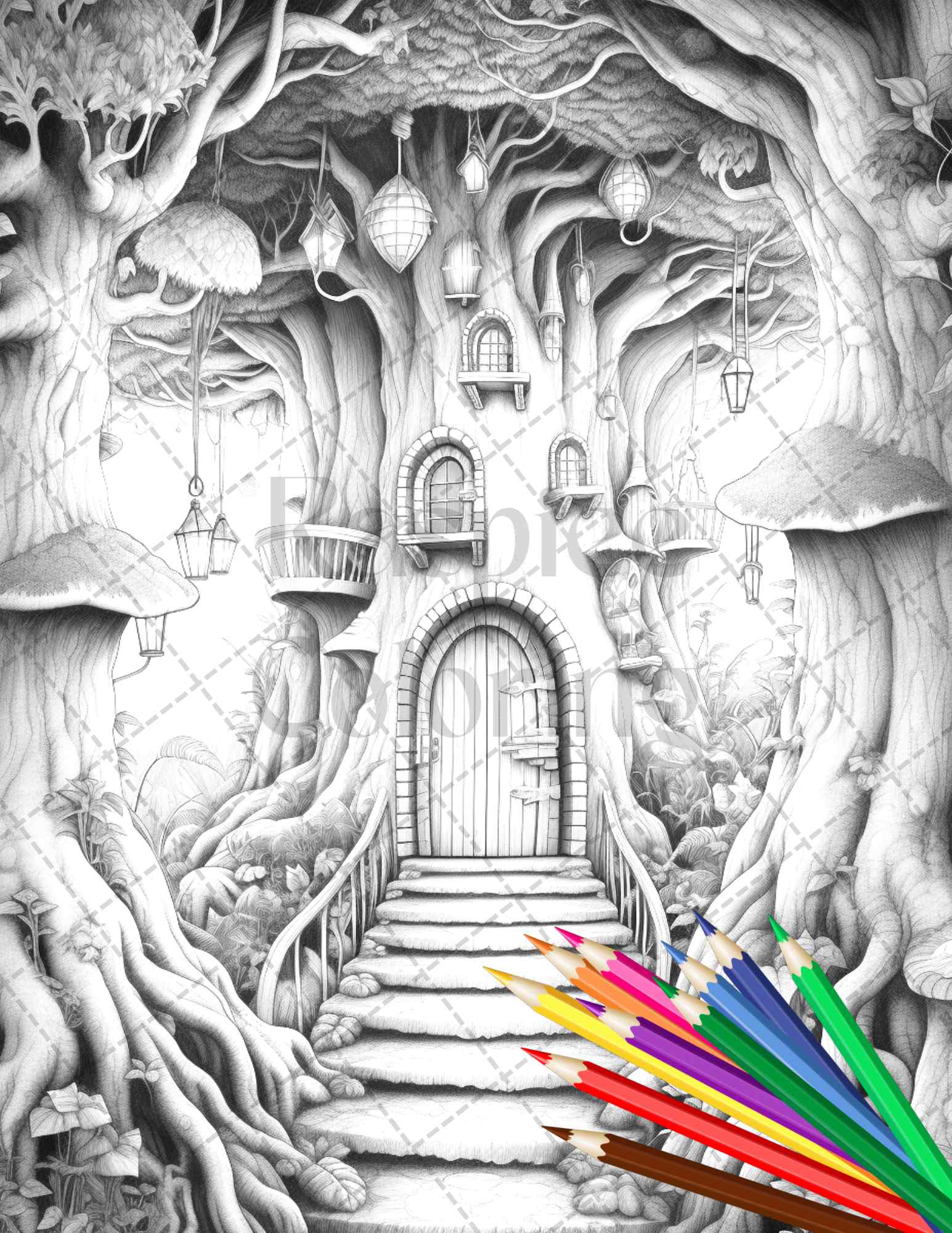 Magical forest gates grayscale coloring pages printable for adults â coloring