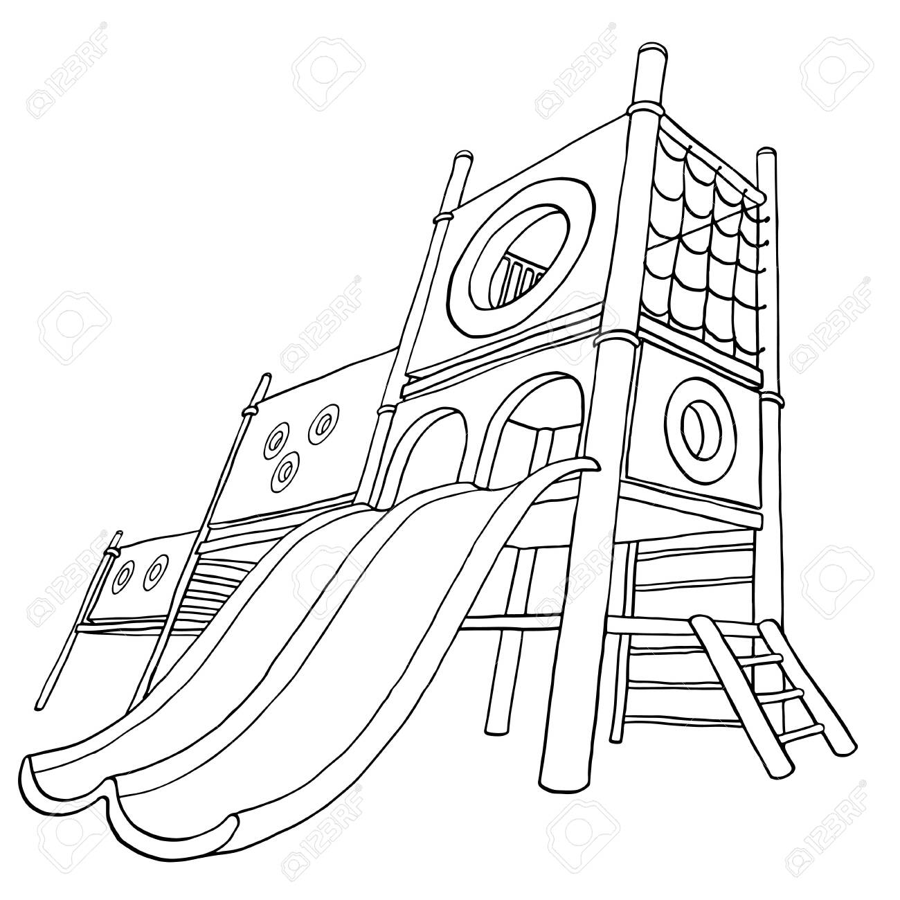 Childrens playground at public park or in the yard coloring book vector illustration isolated on white background royalty free svg cliparts vectors and stock illustration image