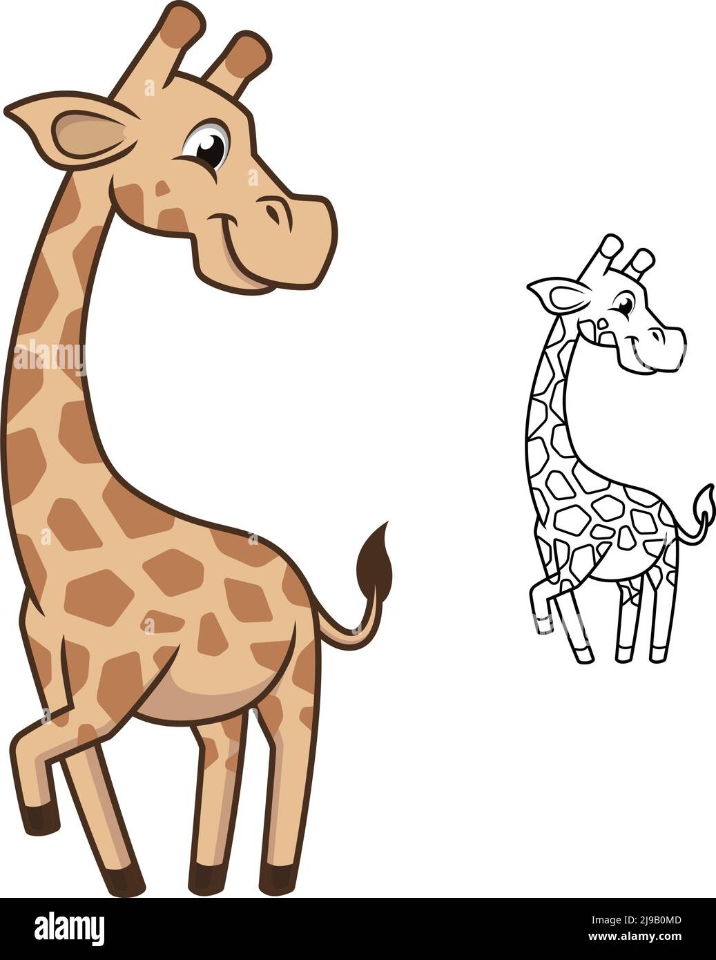 Cute happy baby giraffe with black and white line art drawing mammals vector character illustration outline cartoon mascot logo in isolated white stock vector image art