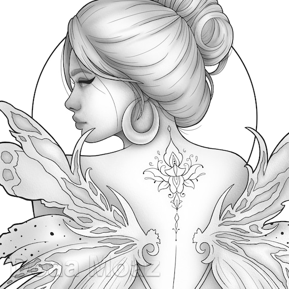 Printable coloring page fantasy character girl wings portrait