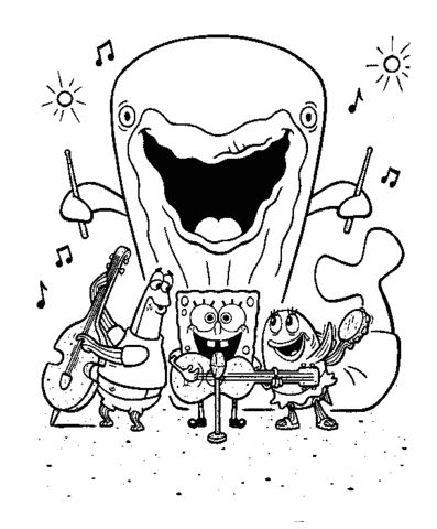 Spongebob and his friends are singing and playing music instruments a whale behind them plays the drumâ spongebob coloring music coloring sheets music coloring