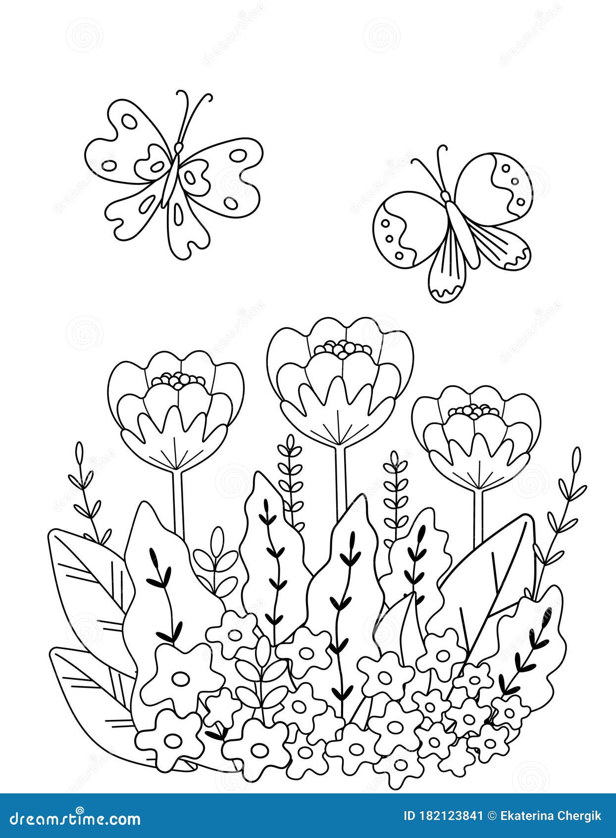 Childrens coloring book with flowers and butterflies of simple shape vector illustration vertical page stock vector