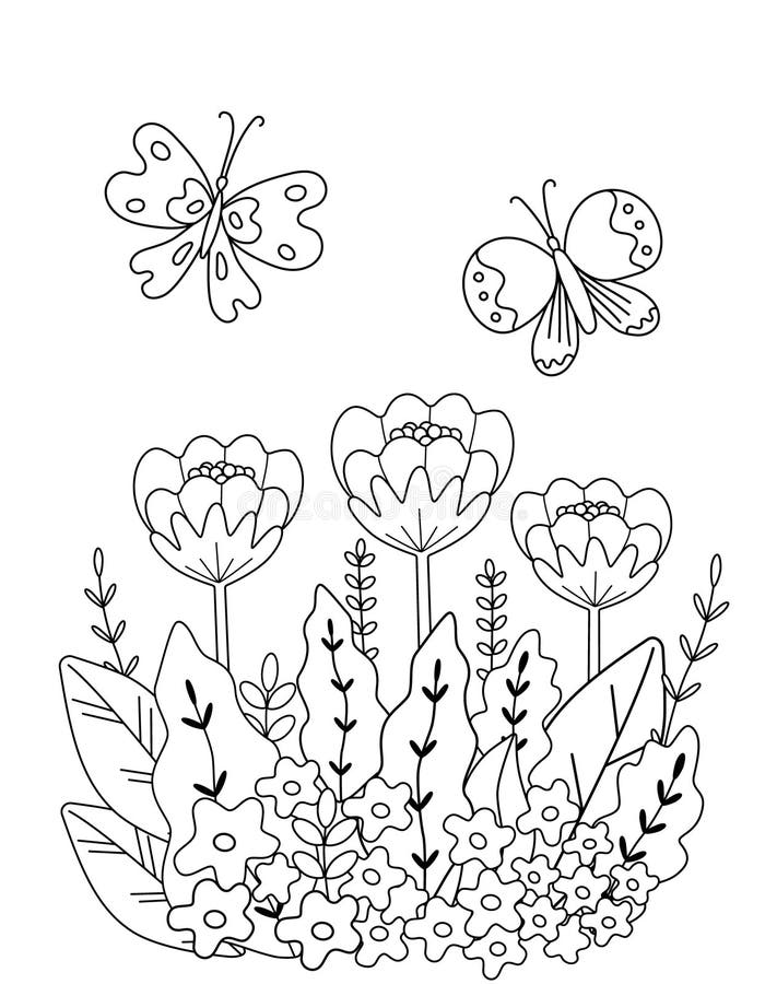 Childrens coloring book with flowers and butterflies of simple shape vector illustration vertical page stock vector