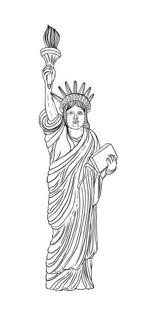 Us statue of liberty drawing usa new york city famous tourist landmark poster or flyers sculpture illustration element hand drawn logo of american symbol for presentations vector stock illustration
