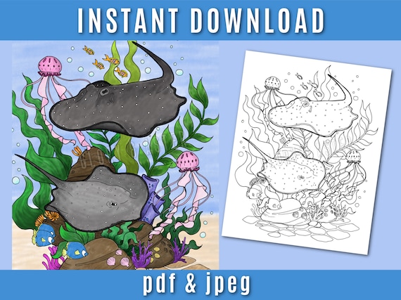 Stingray ocean coloring page printable adult coloring page ocean coloring page fish coloring page adult coloring page instant download