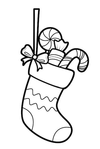 Premium vector christmas coloring book or page for kids christmas sock black and white vector illustration