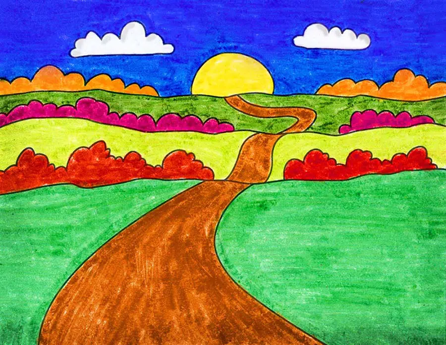 Easy how to draw a sunset tutorial and sunset coloring page
