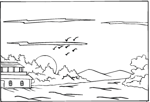 Beautiful summer house in the sunset coloring page free printable coloring pages