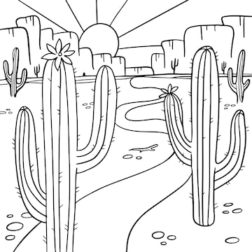 Premium vector coloring page with blooming cactus in the arizona desert coloring book antistress for children and a