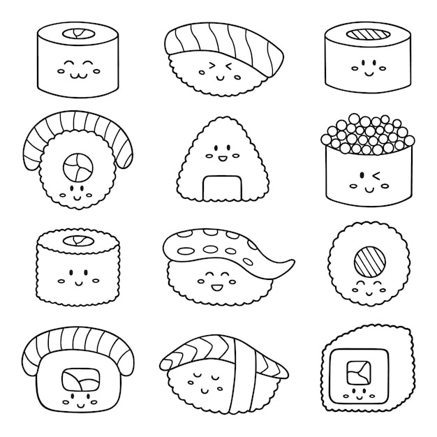 Sushi kawaii coloring pages vectors illustrations for free download