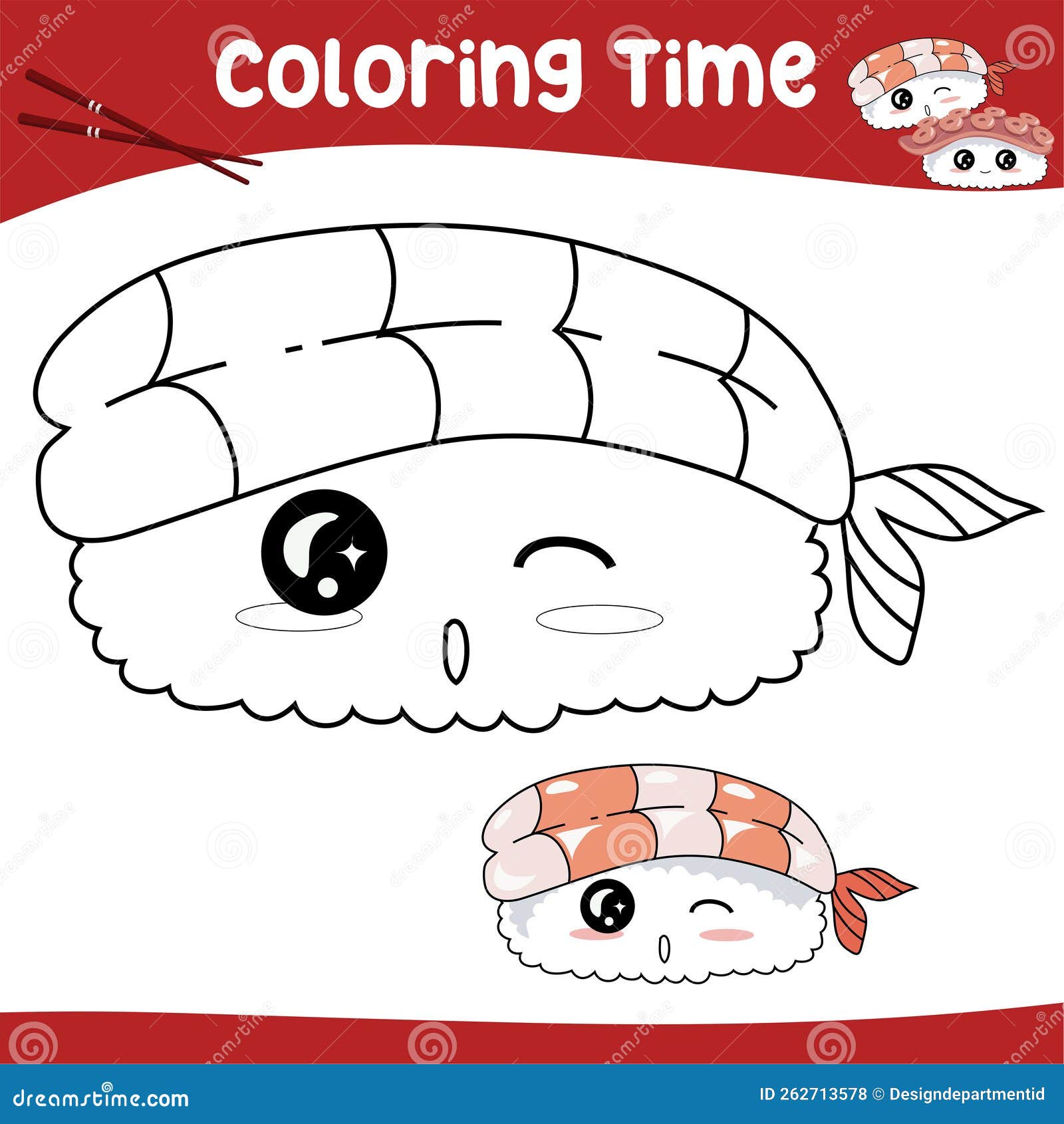 It s coloring time printable coloring page for kids with japanese traditional food kawaii sushi illustration stock vector