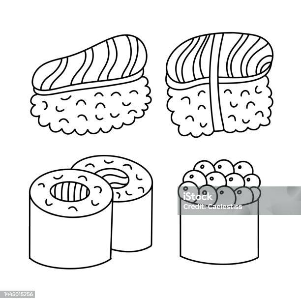 Seamless pattern background with sushi hand drawn doodles contour drawing simple line vector backdrop print wallpaper stock illustration