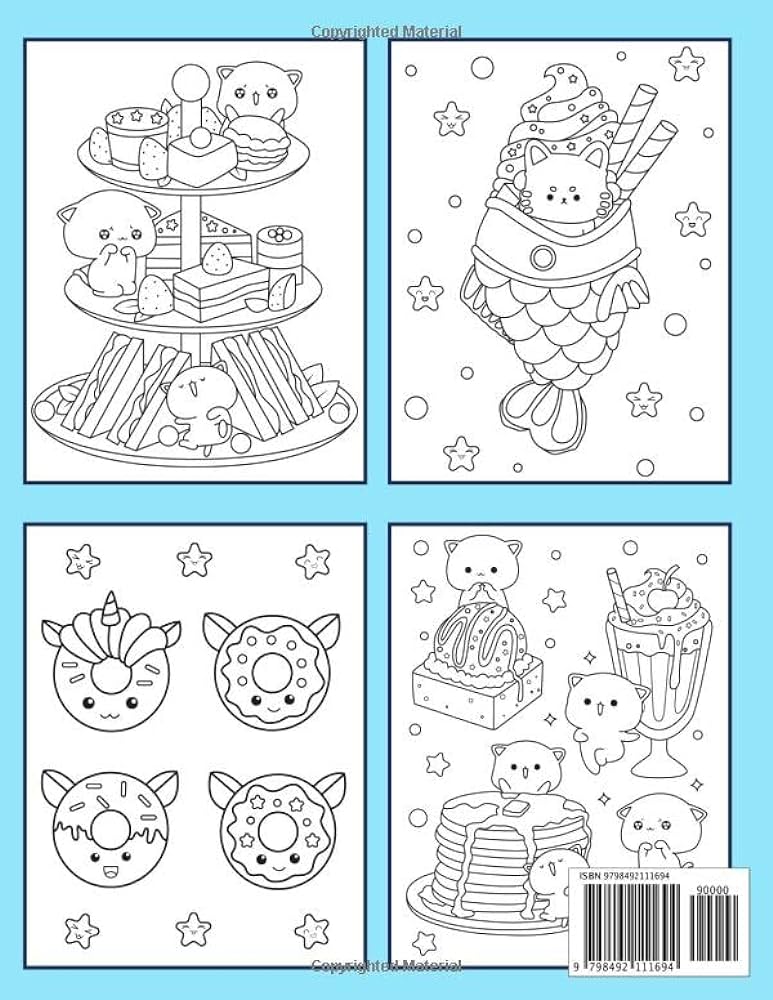 Kawaii food coloring book cute funny and easy coloring pages of sushi fries donuts and desserts for kids and adults cute kawaii food coloring drawings for kids teens and adults