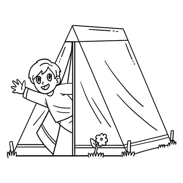 Premium vector a cute and funny coloring page of a camping camper waving from inside tent provides hours of coloring fun for children to color this page is very easy suitable