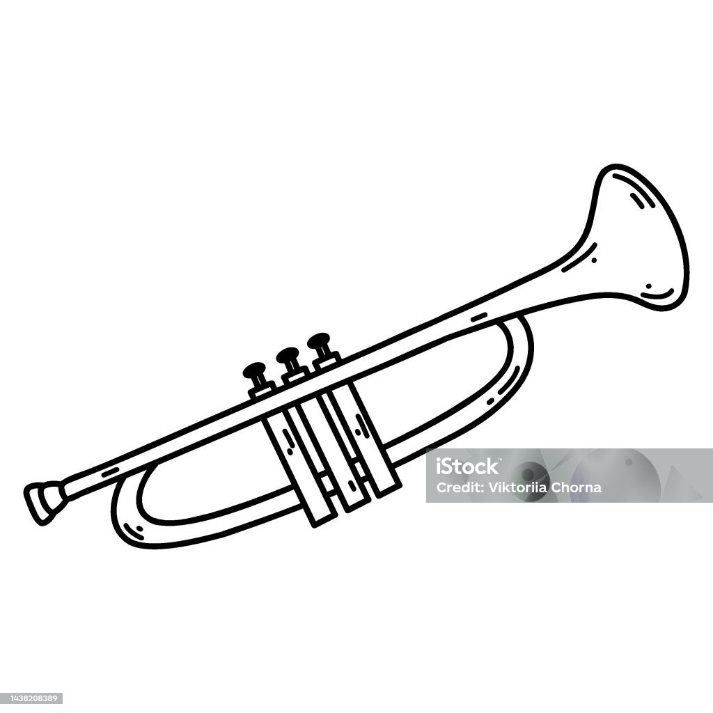 Doodle trumpet pipe vector sketch illustration of musical instrument black outline art for web design icon print coloring page stock illustration