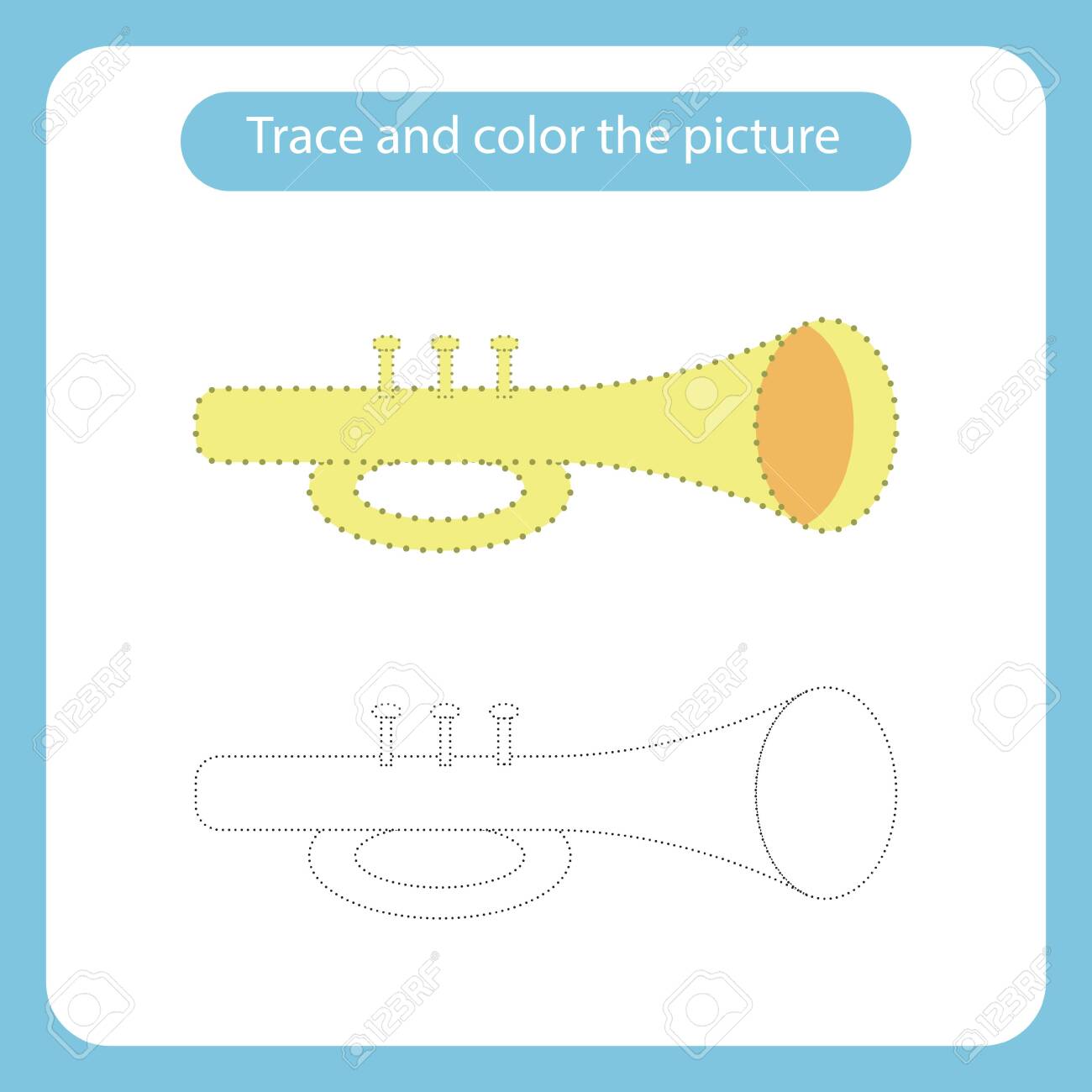 Trumpet toy with simple shapes trace and color the picture children s educational game handwriting and drawing practice toys theme activity for toddlers kids vector illustration royalty free svg cliparts vectors and