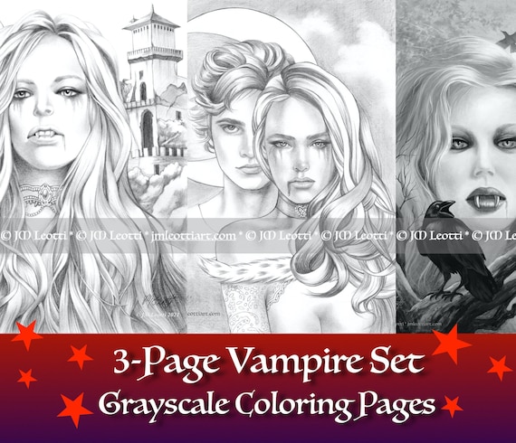 Vampire adult coloring page set grayscale printable instant download dark art vampires colouring pages