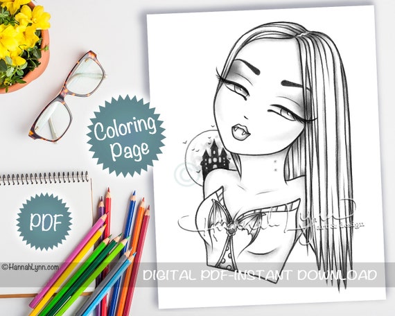 Grayscale bitten vampire girl coloring page pdf download printable big eye hand drawn whimsy girls fantasy halloween art hannah lynn