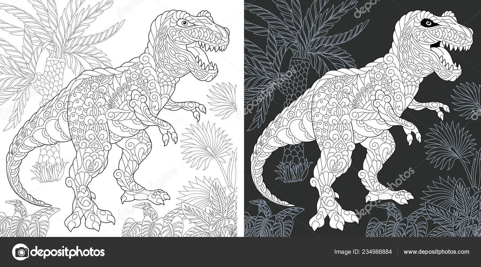 Coloring page dinosaur collection colouring picture tyrannosaurus rex drawn zentangle stock vector by sybirko