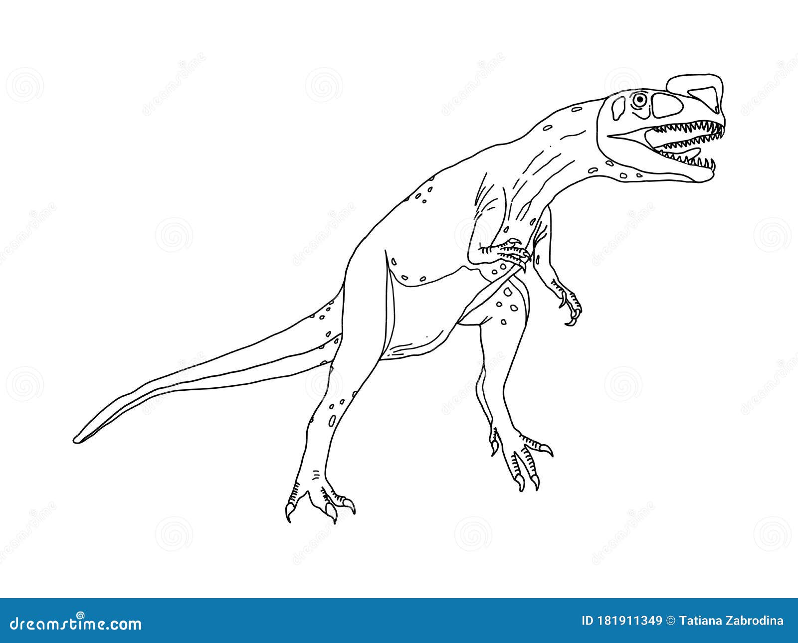 Stylized predatory dinosaur dilophosaurus coloring page on a white background stock vector
