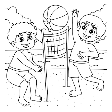 Premium vector a cute and funny coloring page of a boys playing beach volleyball provides hours of coloring fun for children color this page is very easy suitable for little kids