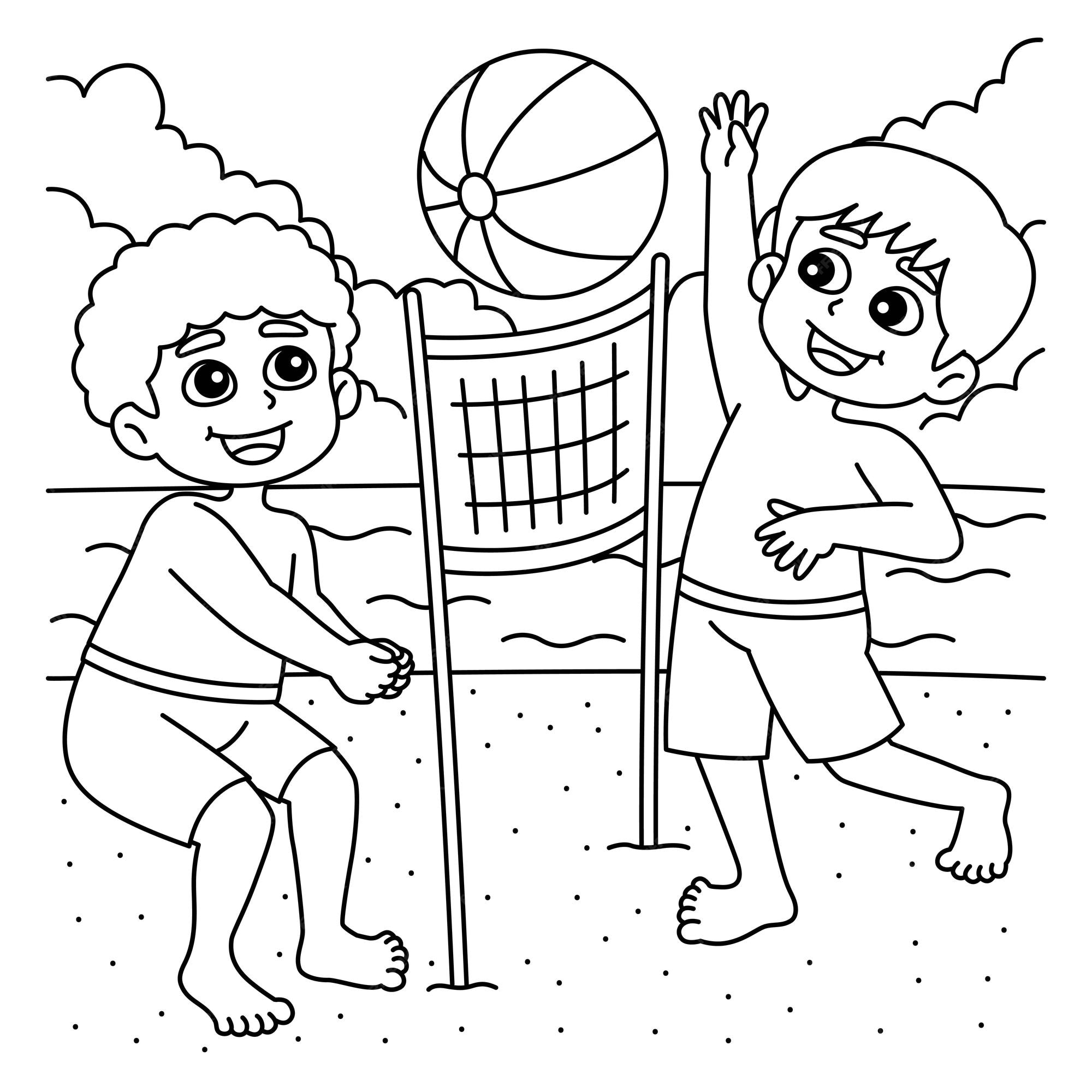 Premium vector a cute and funny coloring page of a boys playing beach volleyball provides hours of coloring fun for children color this page is very easy suitable for little kids