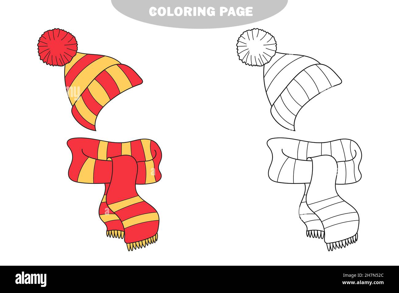 Simple coloring page education game for kids warm winter scarf and hat color and black and white version stock vector image art