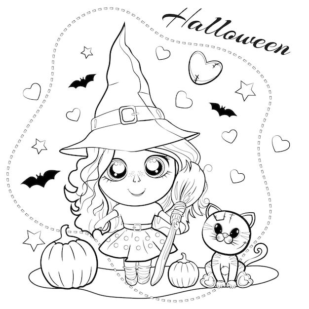 Premium vector cute coloring page for halloween with a girl in a witch hat with a broom in her hand with pumpkins