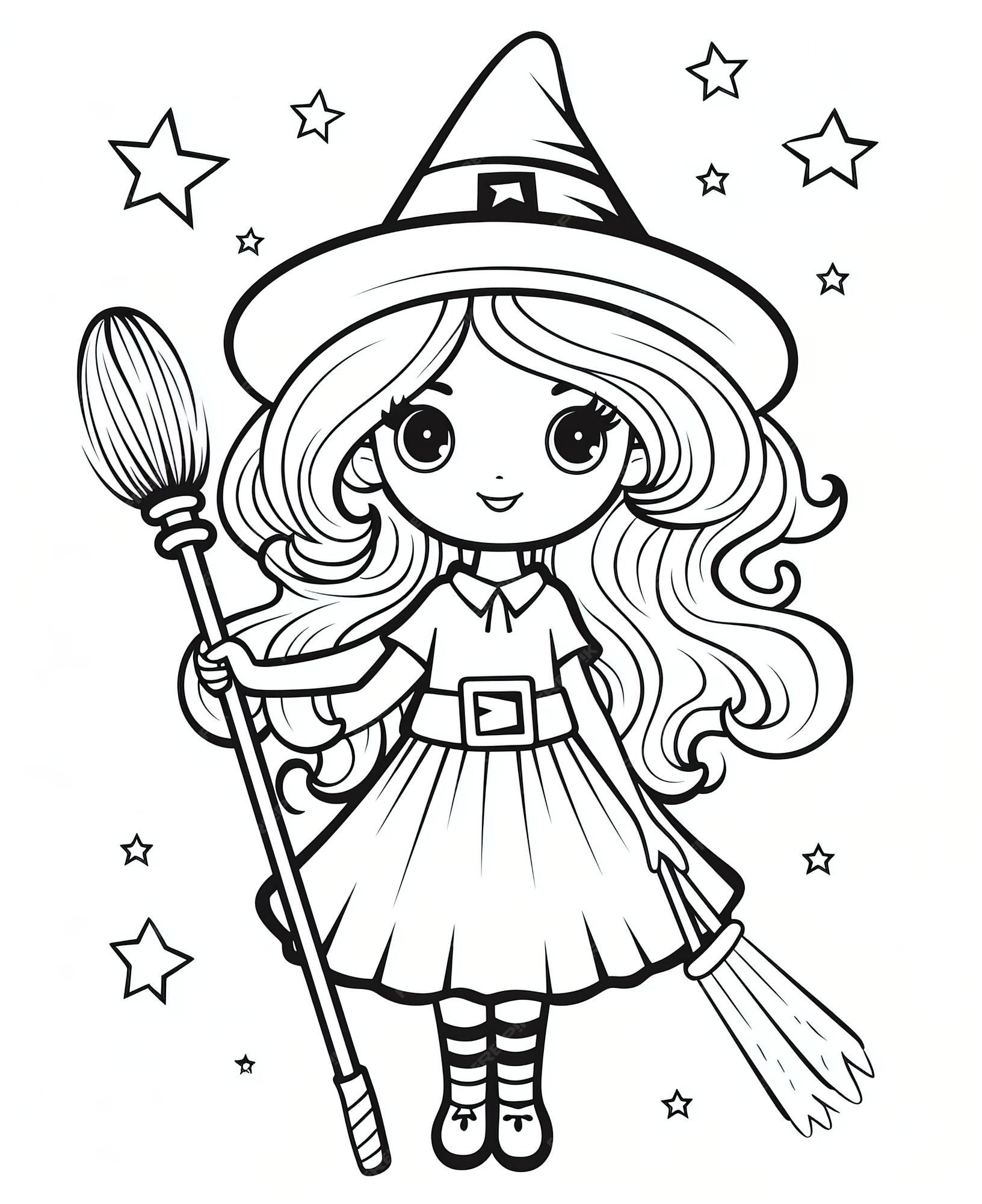 Premium vector coloring book page simple doodle witch with broom