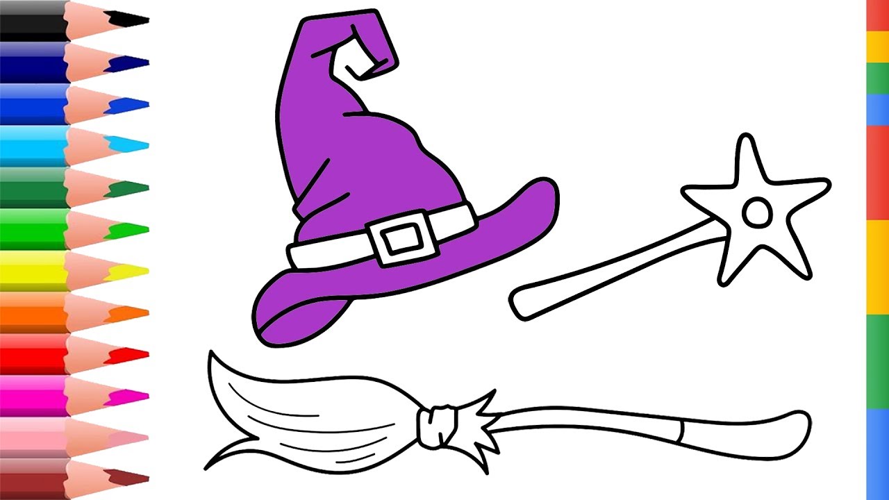 Draw witch set coloring pages for kids coloring pages magic wand hat and broom art for kids