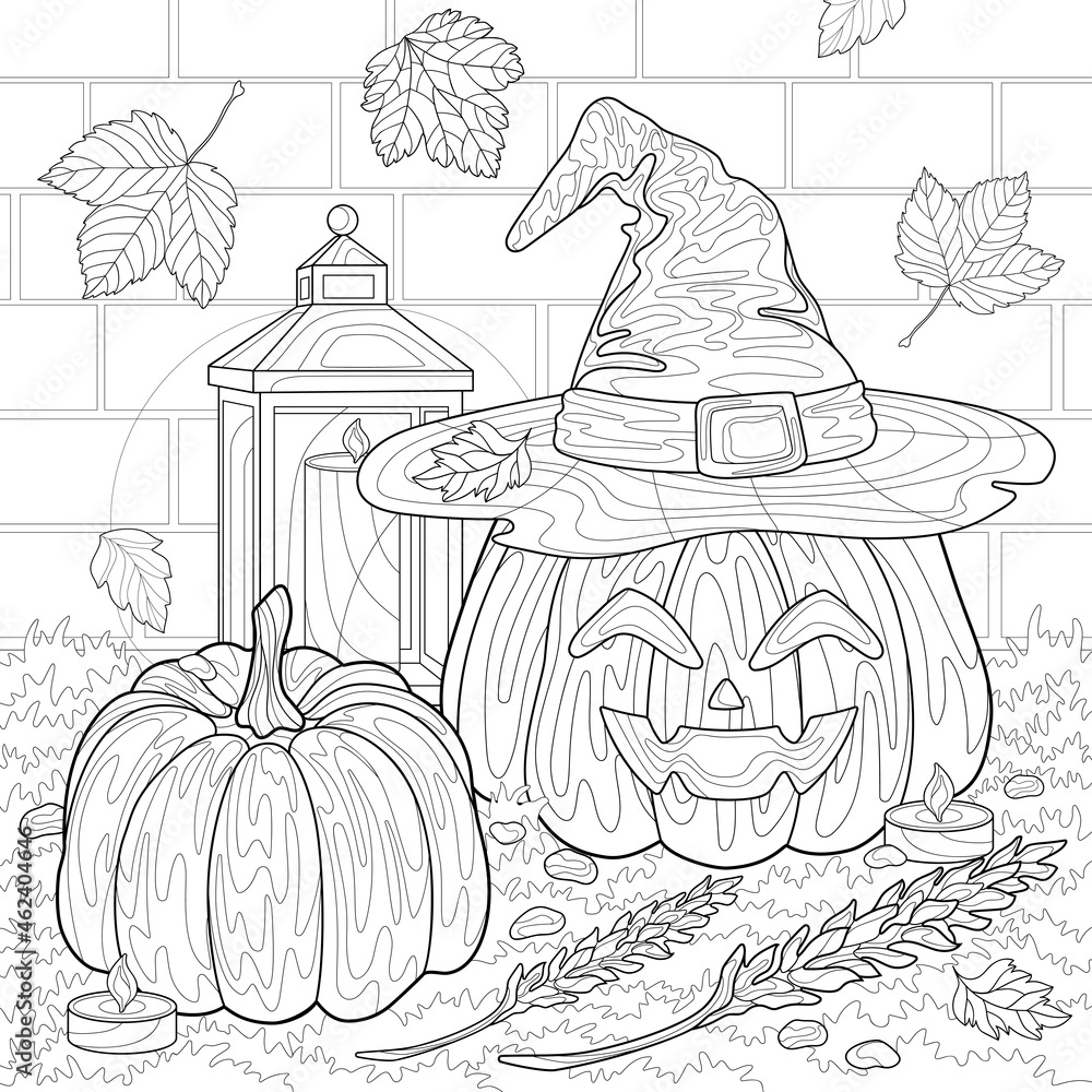 One evil pumpkin with witches hat and simple ears of wheat seeds fallen leaves grass brick wall and lantern halloween isolated illustration for coloring book pages vector