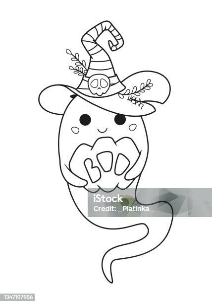 Halloween ghost holding pumpkin in witch hat coloring page outline cartoon vector illustration stock illustration