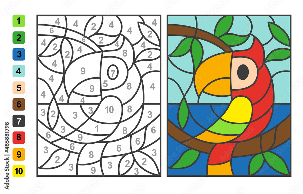 Simple level vector coloring zoo animal parrot bird color by numbers puzzle game for children education vector